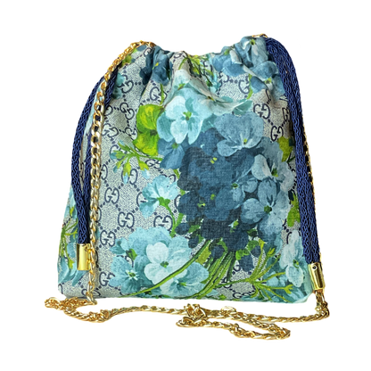 GG Logo Blooms Blue Vintage Scarf Drawstring Crossbody Bag