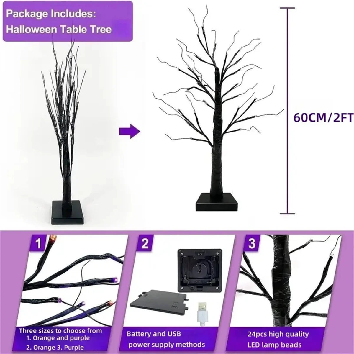 Halloween LED Birch Tree | 24 Orange and Purple Lights with Timer for Indoor and Outdoor Decoration 8