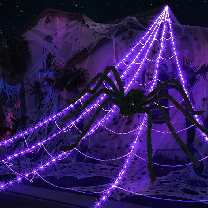 Halloween Spider Web Decoration | 290 LED Lights with Giant Spider for Outdoor Halloween Decorations 0