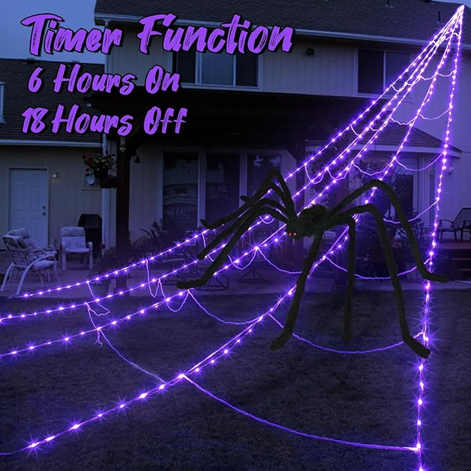 Halloween Spider Web Decoration | 290 LED Lights with Giant Spider for Outdoor Halloween Decorations 3