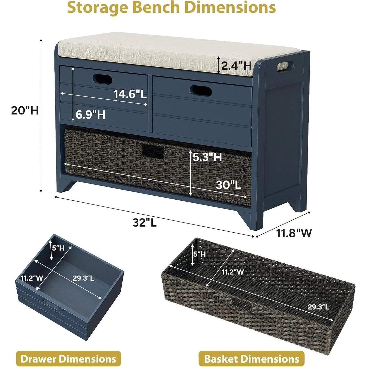 Hausvita 32" Storage Bench for Entryway, Shoe Bench with Storage Removable Basket and 2 Drawers