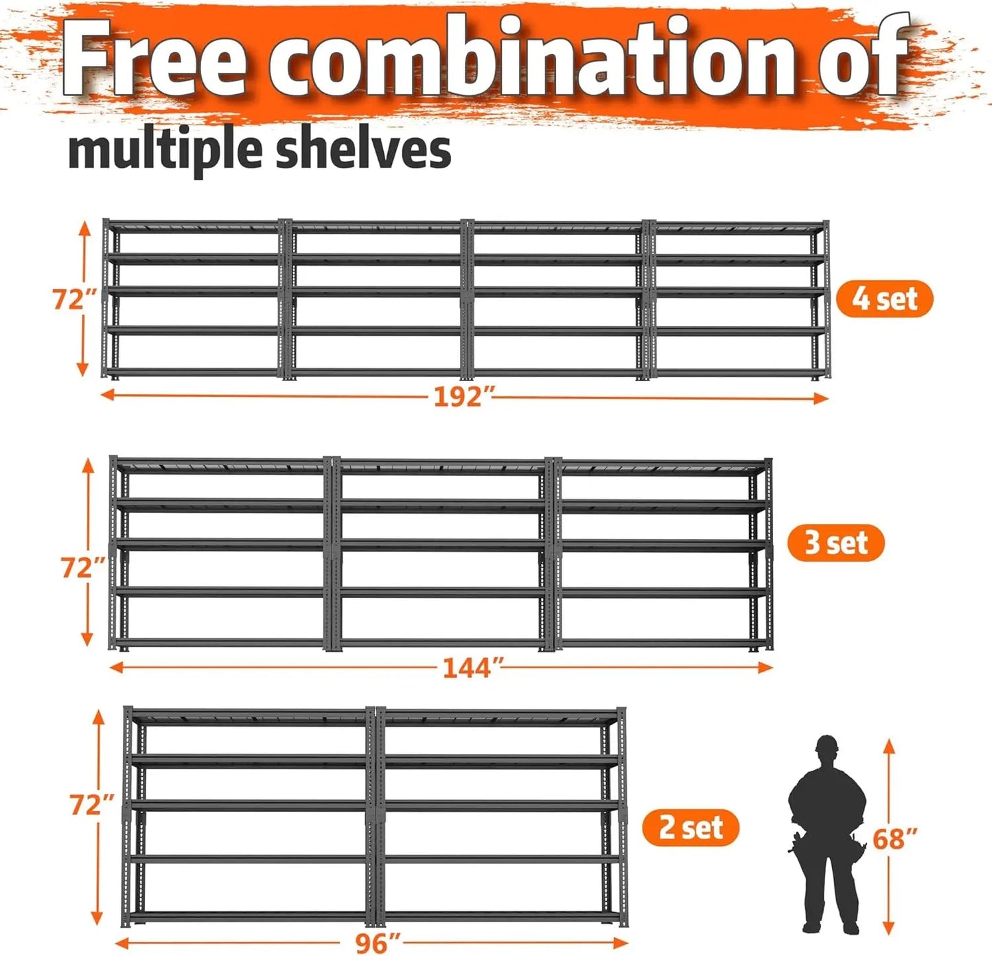 Hausvita förvaringshyllor tung belastning, 48" L x 18" B x 72" H garage trådhyllsystem klarar 2000LBS, 5-vånings justerbar metall industriell verktygshylla för kök, tvättstuga, skafferi, lager, källare