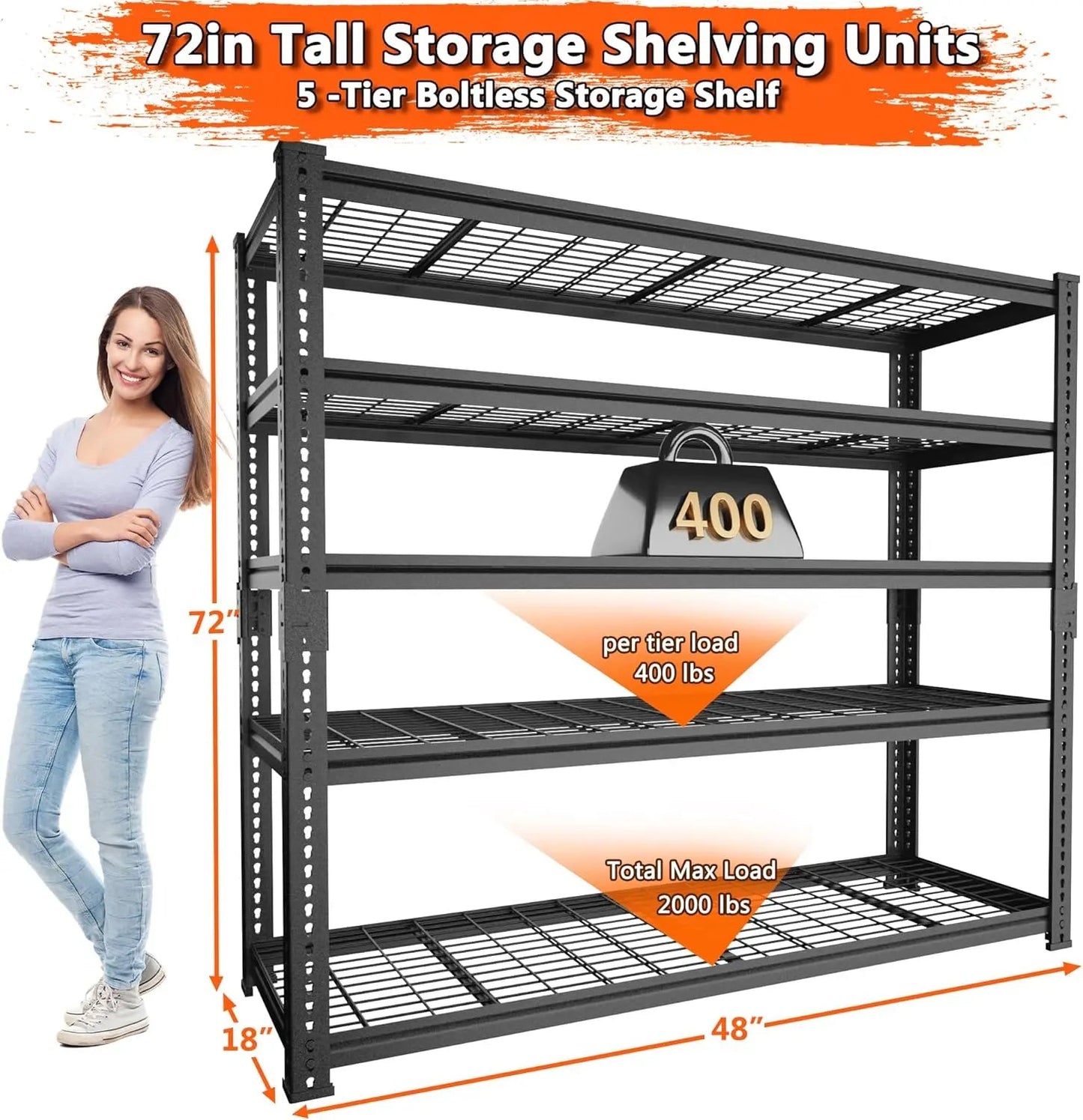 Hausvita förvaringshyllor tung belastning, 48" L x 18" B x 72" H garage trådhyllsystem klarar 2000LBS, 5-vånings justerbar metall industriell verktygshylla för kök, tvättstuga, skafferi, lager, källare