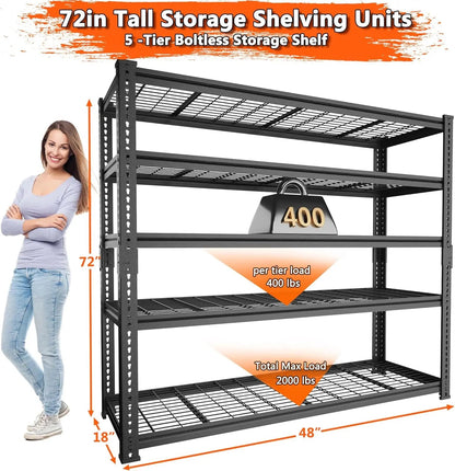 Hausvita förvaringshyllor tung belastning, 48" L x 18" B x 72" H garage trådhyllsystem klarar 2000LBS, 5-vånings justerbar metall industriell verktygshylla för kök, tvättstuga, skafferi, lager, källare
