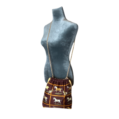 Petites Chevaux Brown Vintage Scarf Drawstring Crossbody Bag