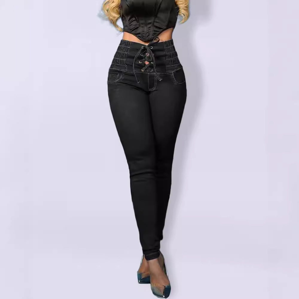 High-Waisted Jeggings for Women | Lace-Up Detail for Stylish Comfort 0