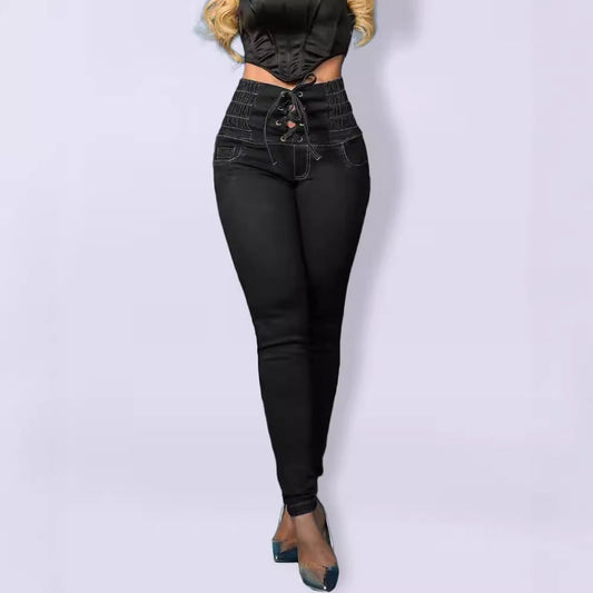 High-Waisted Jeggings for Women | Lace-Up Detail for Stylish Comfort 0