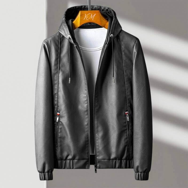 Hooded Leather Jacket | Eco-Leather with Zip Pockets and Weather Resistance 1