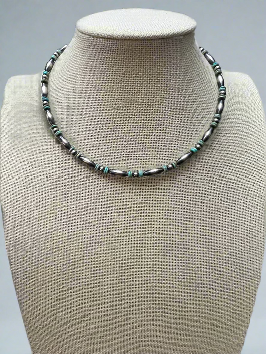 Collier ras-du-cou en perles de melon en argent sterling et Turquoise - 14-inch