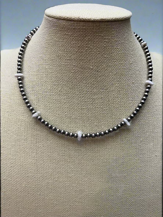 4mm Biały Bawoli i Srebrny Perłowy Naszyjnik Choker - 14 cali