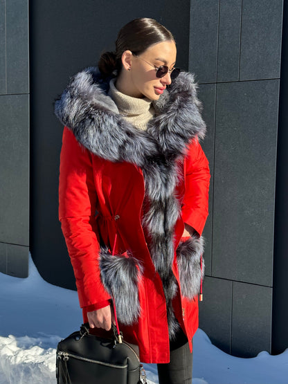 Echte Silberfuchs Pelz Kaninchenfell Isolierte Parka