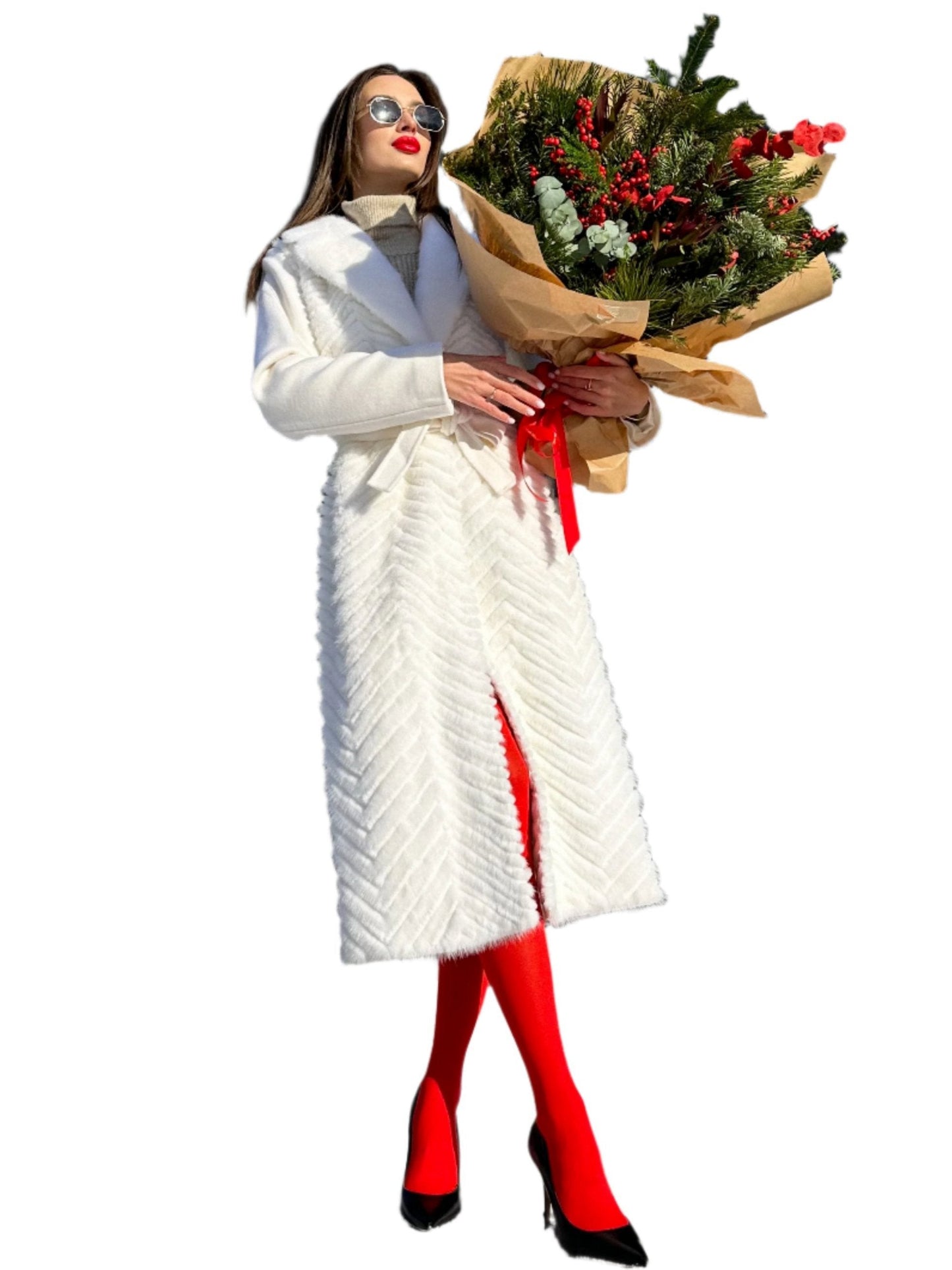 Echt Nerzpelz Rexpelzbesatz Mantel aus Jungschafwolle in Weiß