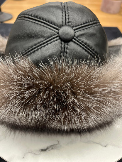 Echt Silberfuchs Pelz Echt Leder Hut
