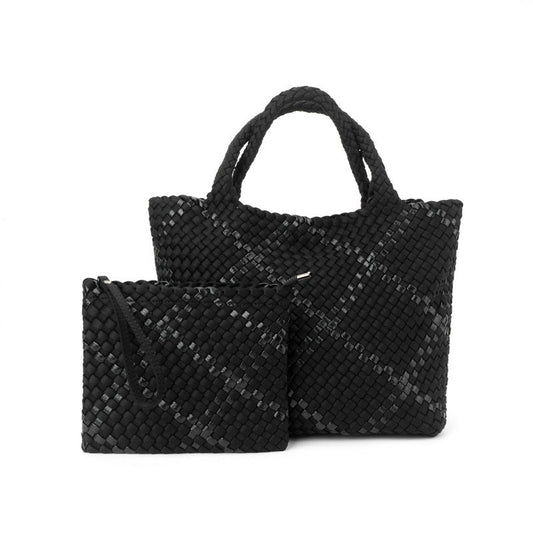 The Charli | Stor Vävd Neoprenväska med Handledsrem | Onyx med Glittrig Rand