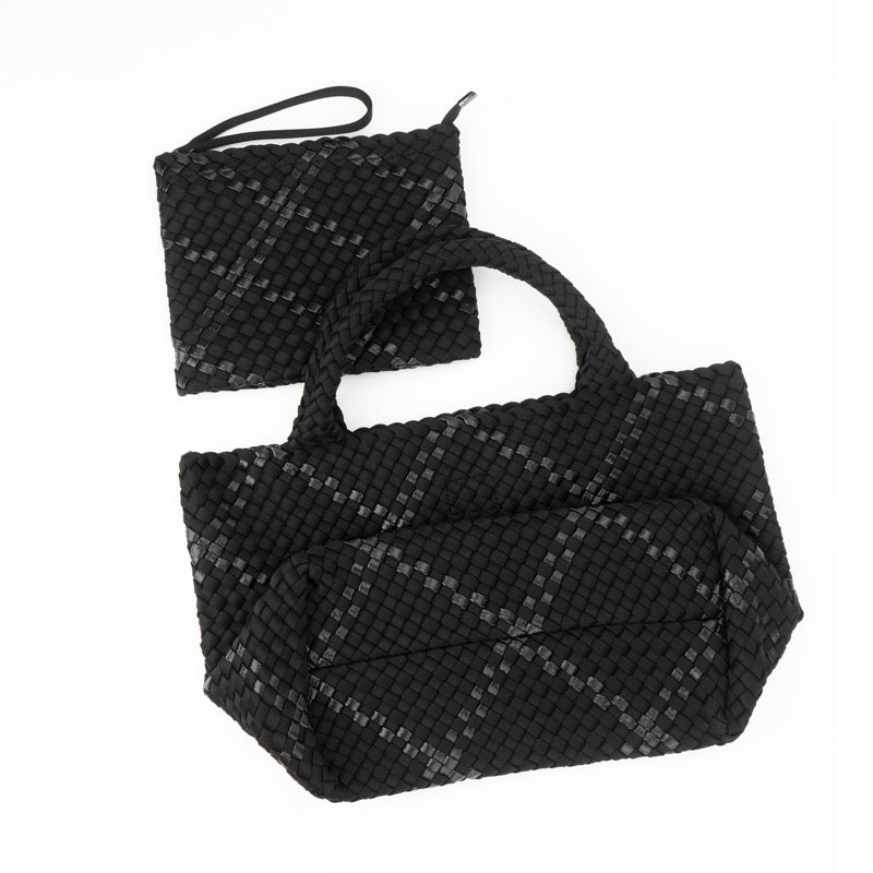 The Charli | Grand sac fourre-tout en néoprène tissé avec porte-poignet | Onyx avec bande pailletée