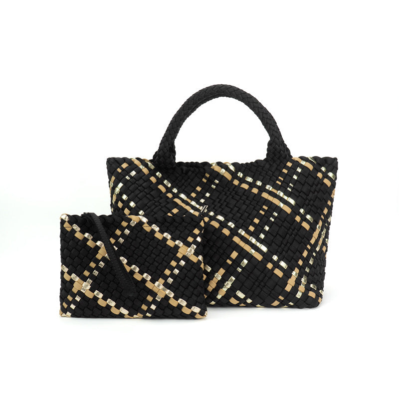 The Charli | Stor vevd neopren-tote med håndleddsrem | Onyx med mokkastripe