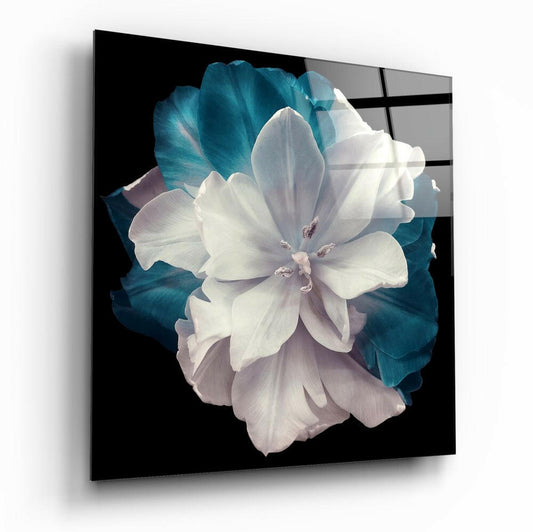 Hvit og blågrønn lagdelt tulipanblomst veggkunst i glass