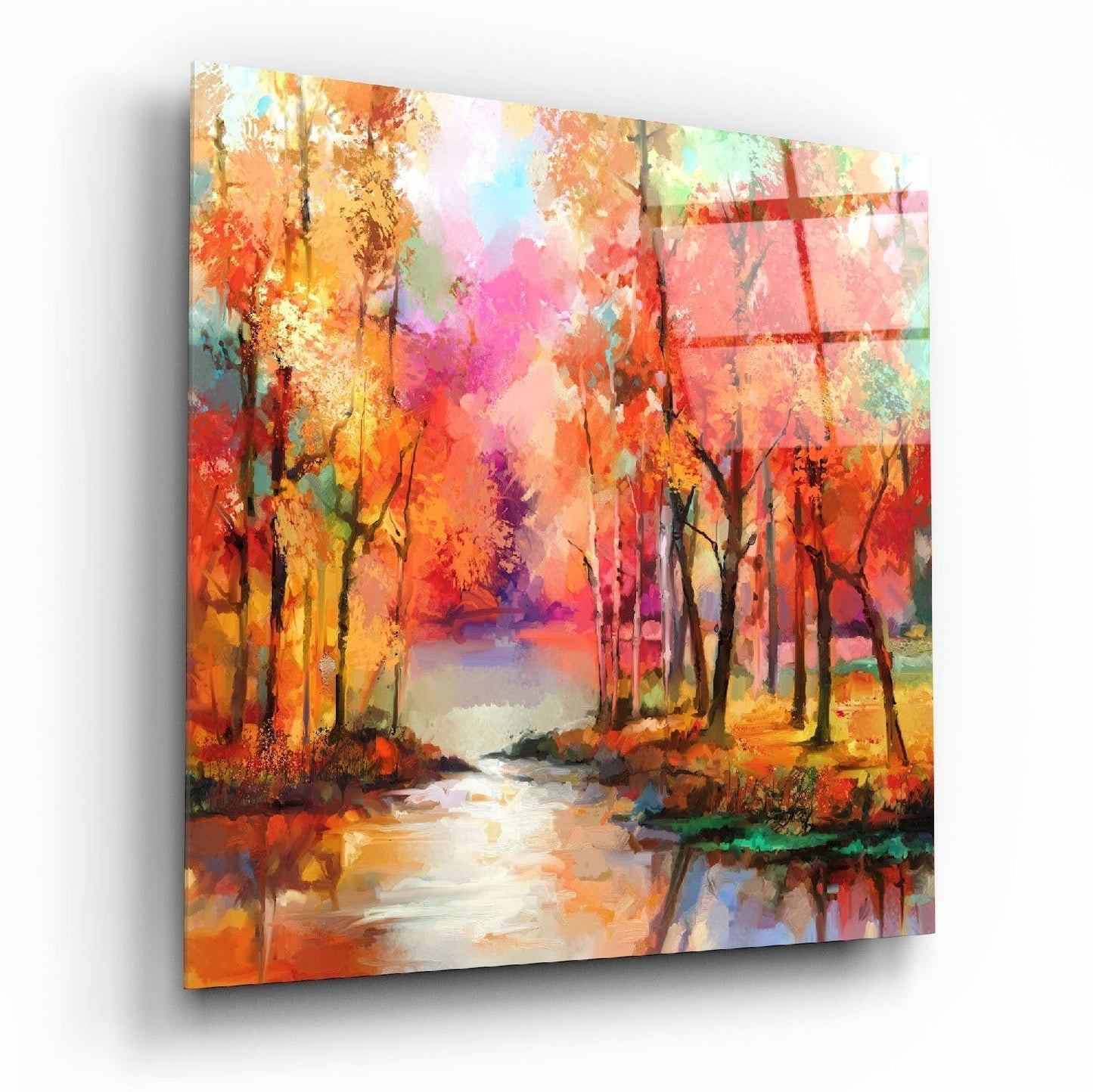 Malba podzimního lesního potoka na skleněném nástěnném umění
