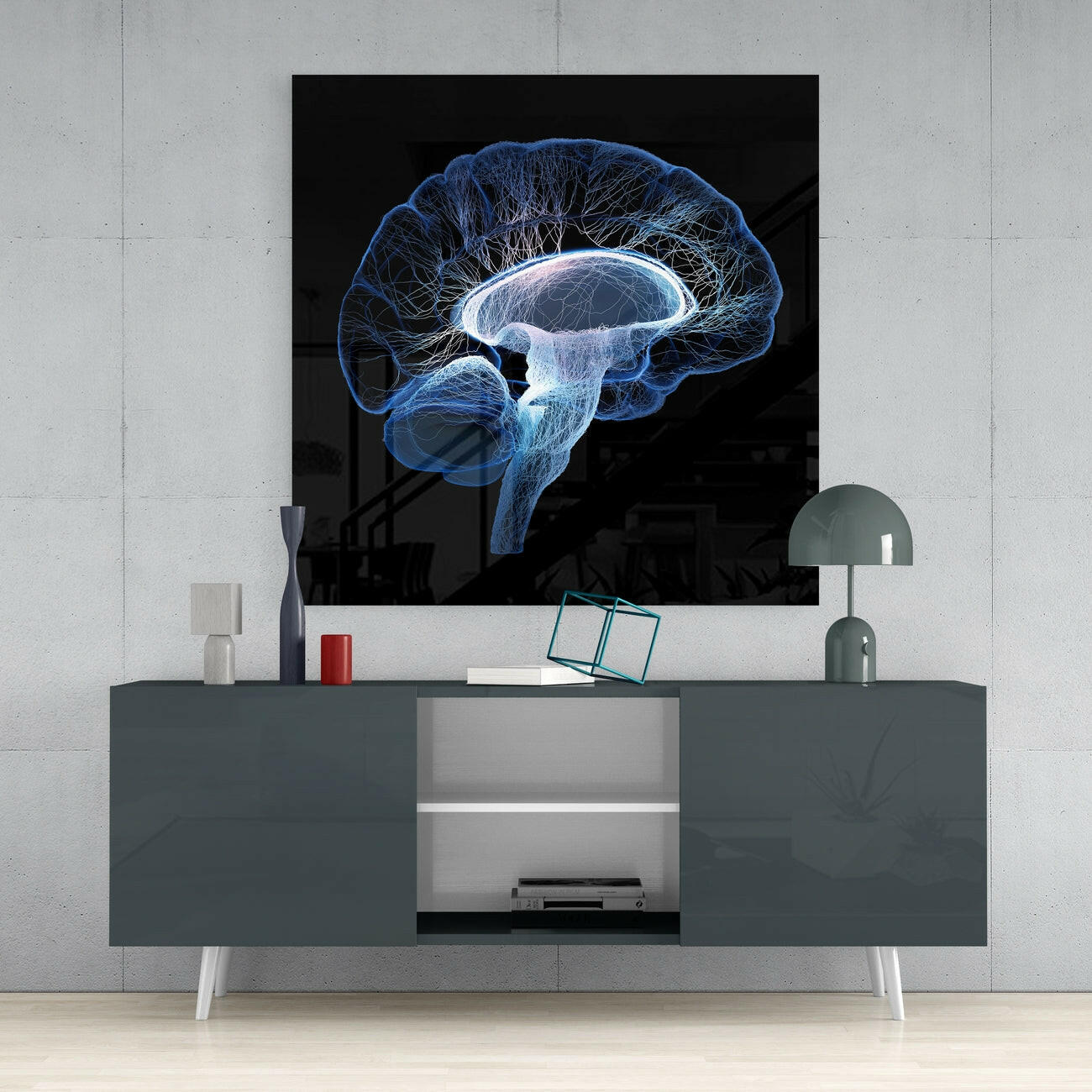 Arte de pared de vidrio con vista lateral de cerebro en estructura de alambre azul