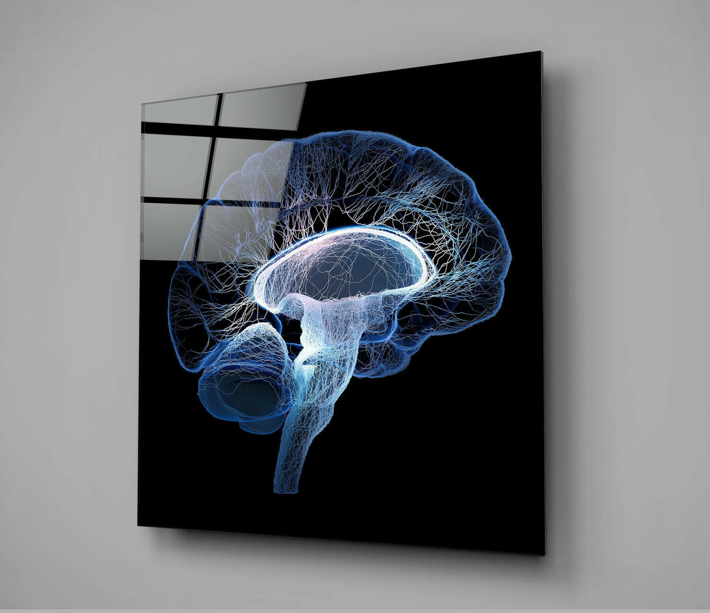 Arte de pared de vidrio con vista lateral de cerebro en estructura de alambre azul