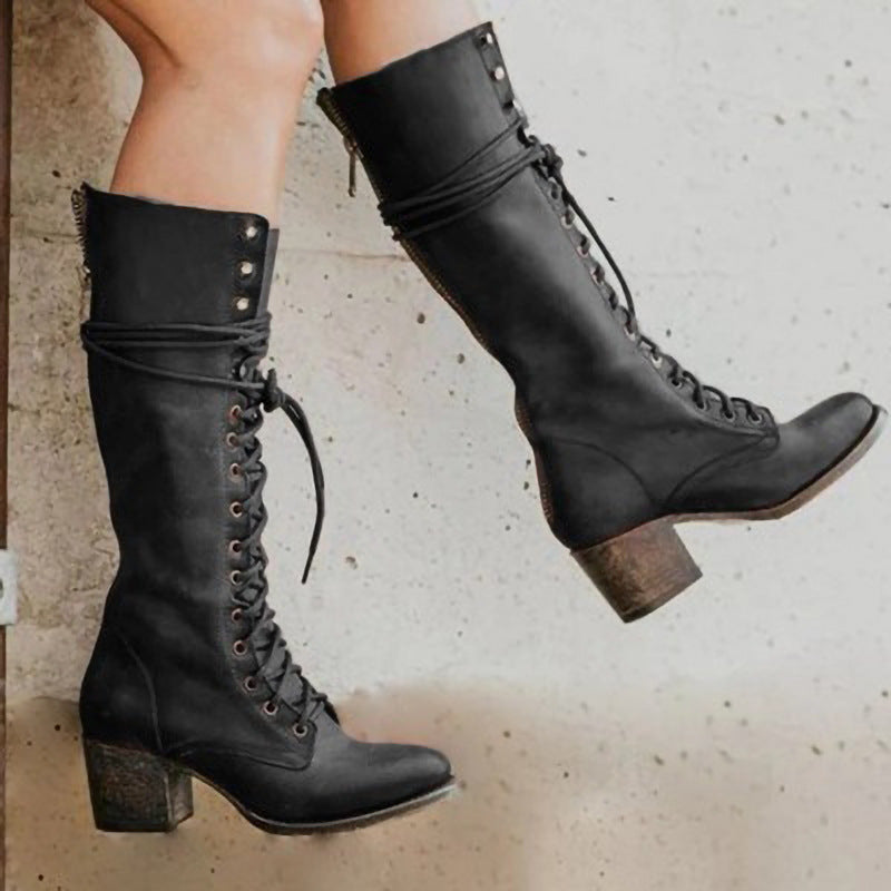 Knee High Boots for Women | Stylish PU Leather with Chunky Heel and Laces 0
