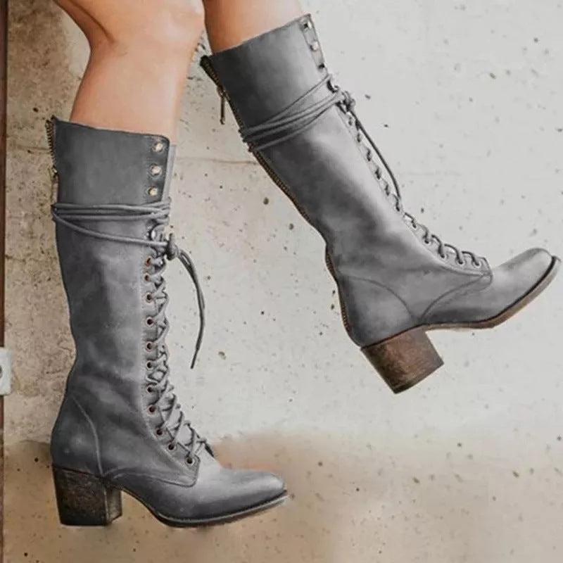 Knee High Boots for Women | Stylish PU Leather with Chunky Heel and Laces 1
