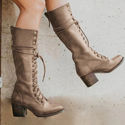 Knee High Boots for Women | Stylish PU Leather with Chunky Heel and Laces 3