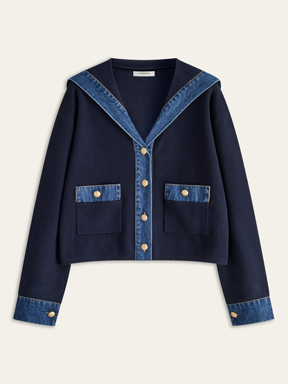Knit Outerwear | Denim Sailor Collar Long Sleeve with Medium Stretch 0