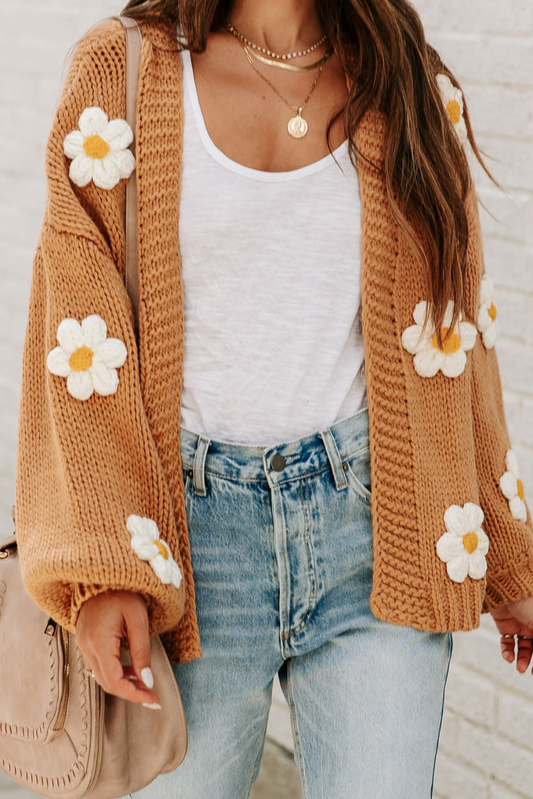 Knitted Floral Pattern Cardigan | Casual Loose Fit with Lantern Sleeves 0