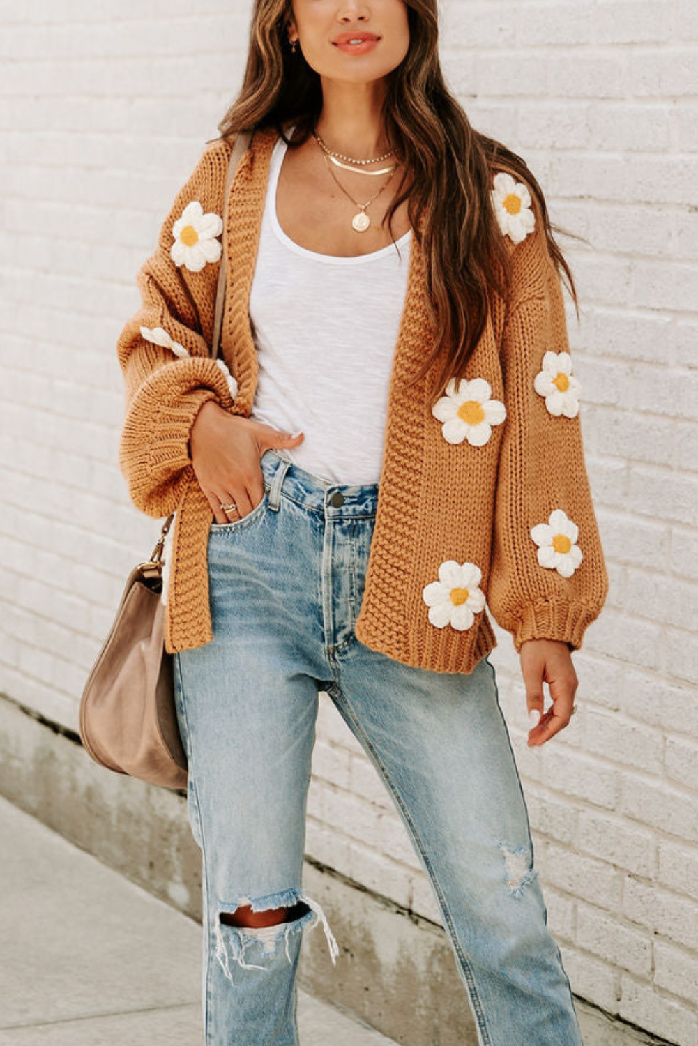Knitted Floral Pattern Cardigan | Casual Loose Fit with Lantern Sleeves 1
