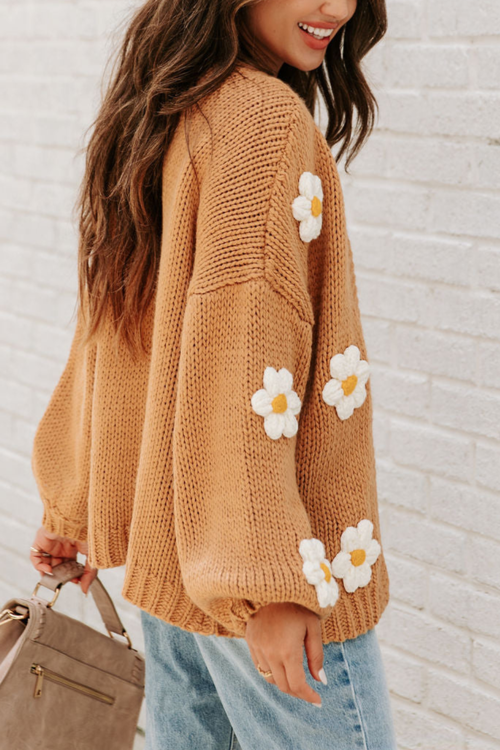 Knitted Floral Pattern Cardigan | Casual Loose Fit with Lantern Sleeves 2
