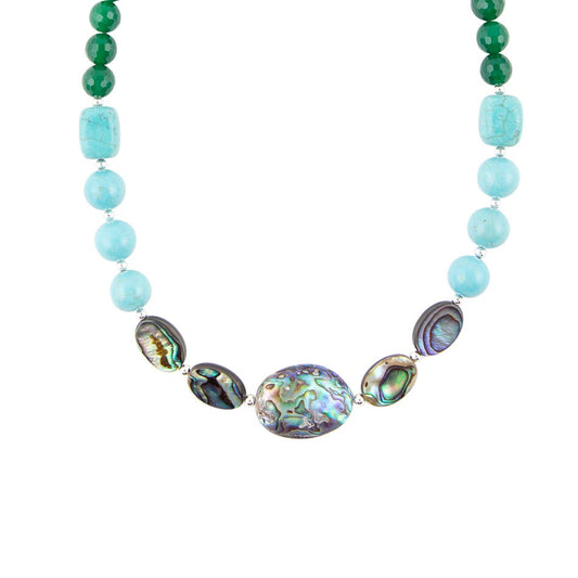 Collana di perline in onice verde brillante oceanico e abalone blu