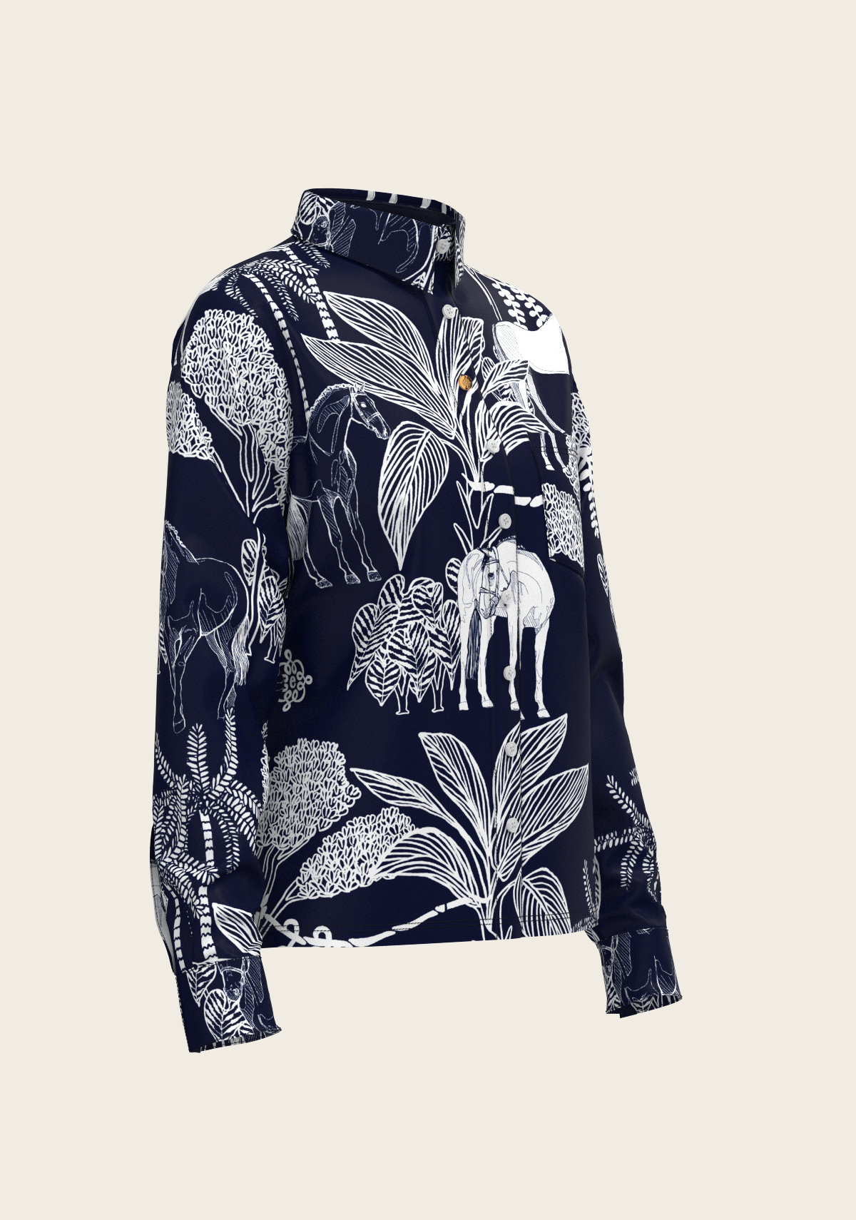  Island Horses on Navy Loose Fitting Button Shirt