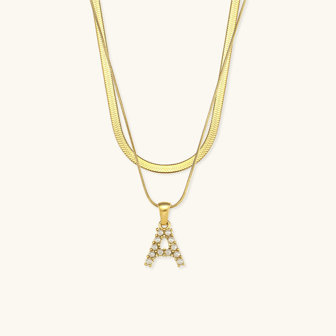 Layered Initial Letter Necklace | 18k Gold with Freshwater Pearls 0