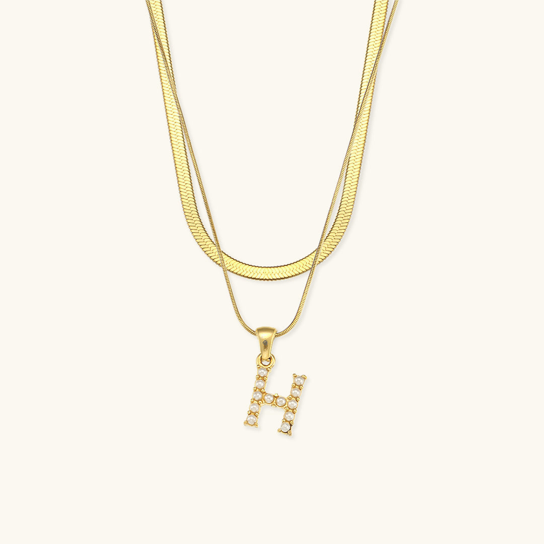 Layered Initial Letter Necklace | 18k Gold with Freshwater Pearls 10