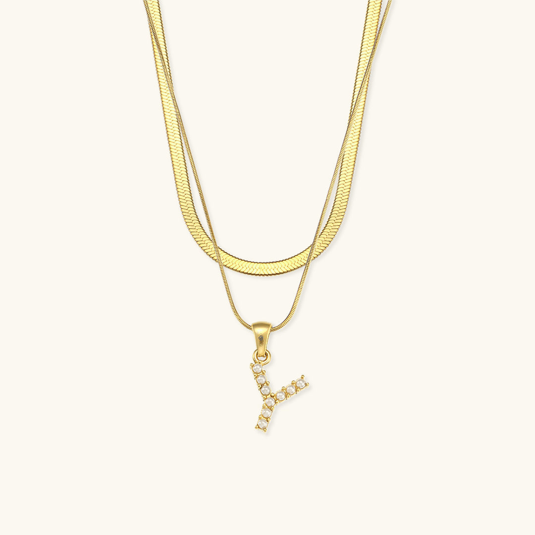 Layered Initial Letter Necklace | 18k Gold with Freshwater Pearls 11