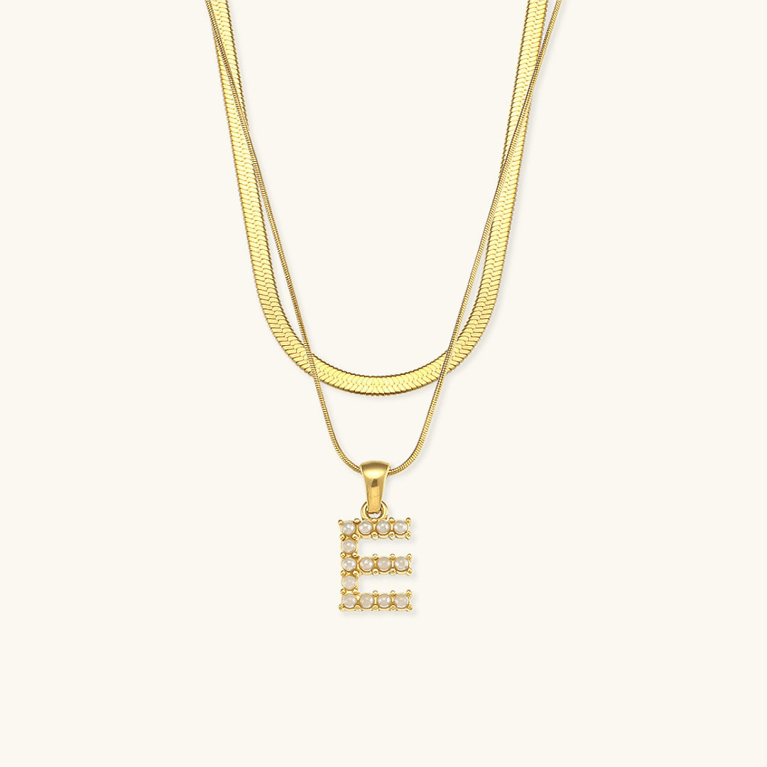 Layered Initial Letter Necklace | 18k Gold with Freshwater Pearls 12