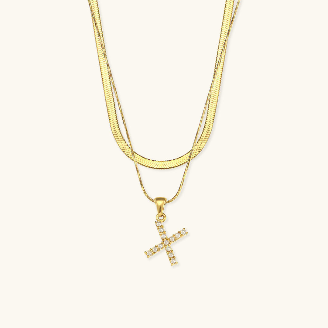 Layered Initial Letter Necklace | 18k Gold with Freshwater Pearls 13