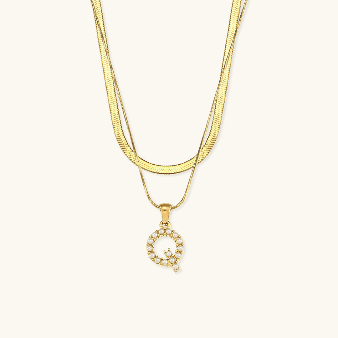 Layered Initial Letter Necklace | 18k Gold with Freshwater Pearls 14
