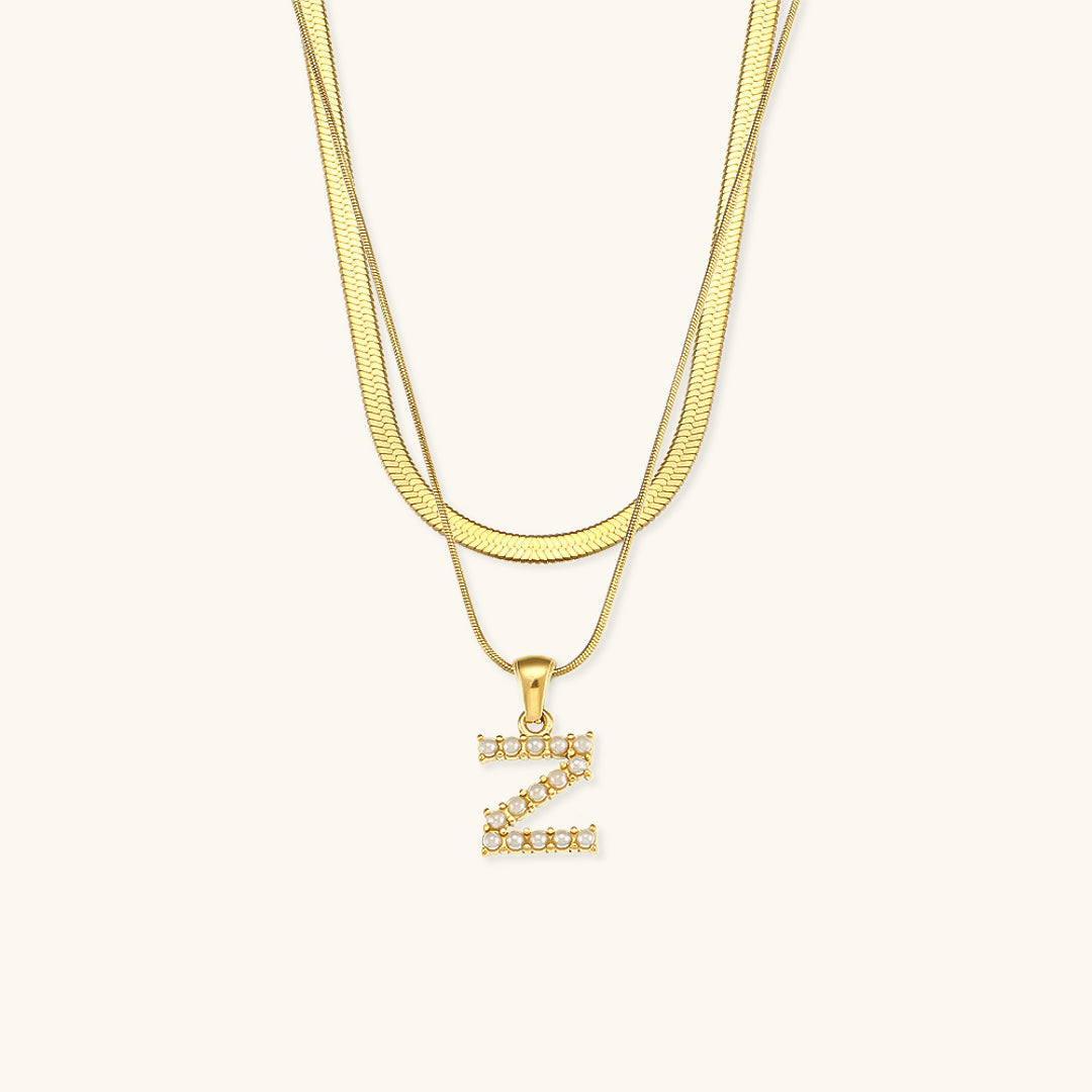 Layered Initial Letter Necklace | 18k Gold with Freshwater Pearls 15