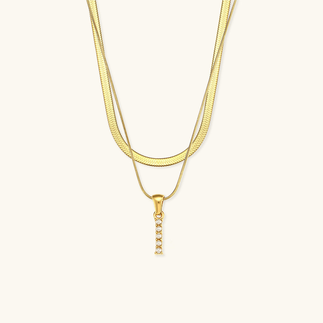 Layered Initial Letter Necklace | 18k Gold with Freshwater Pearls 16