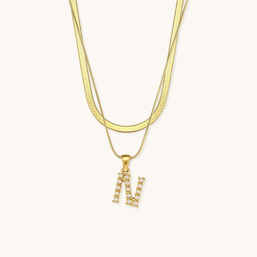 Layered Initial Letter Necklace | 18k Gold with Freshwater Pearls 17