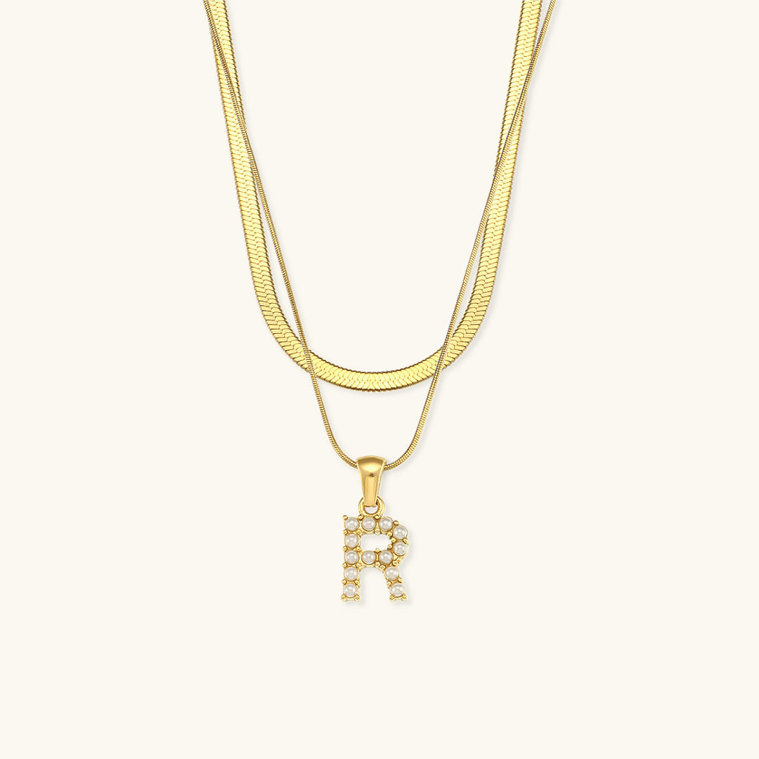 Layered Initial Letter Necklace | 18k Gold with Freshwater Pearls 18