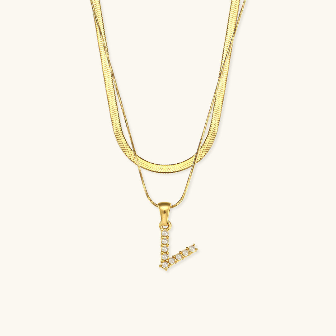 Layered Initial Letter Necklace | 18k Gold with Freshwater Pearls 19