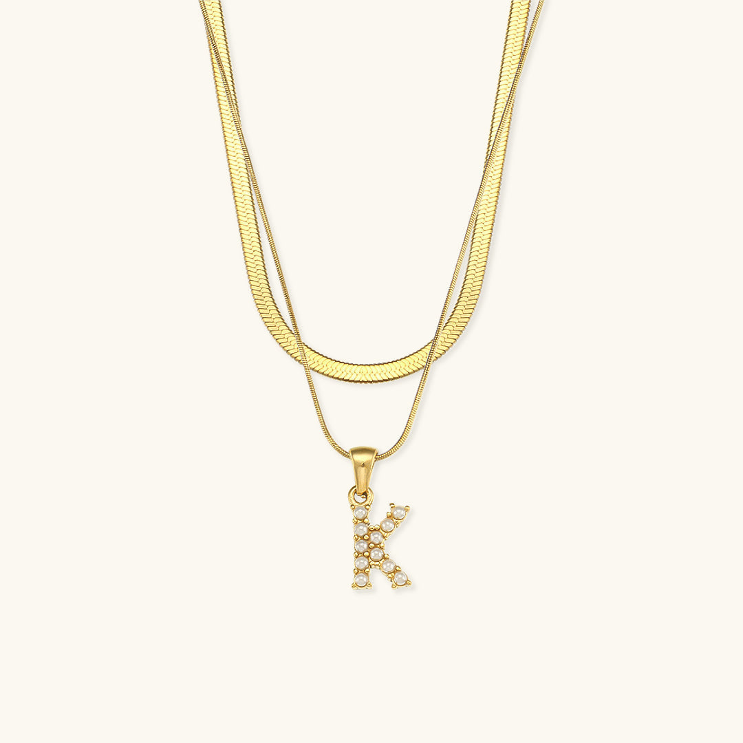 Layered Initial Letter Necklace | 18k Gold with Freshwater Pearls 20