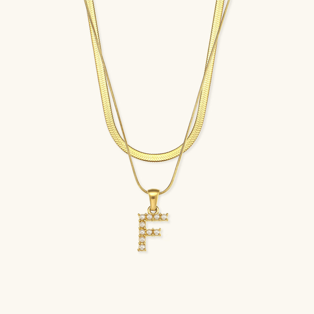 Layered Initial Letter Necklace | 18k Gold with Freshwater Pearls 21