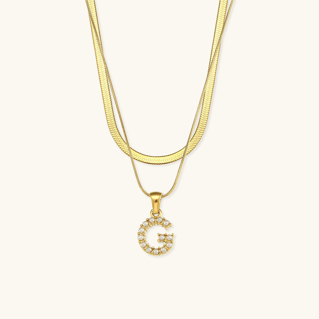 Layered Initial Letter Necklace | 18k Gold with Freshwater Pearls 22