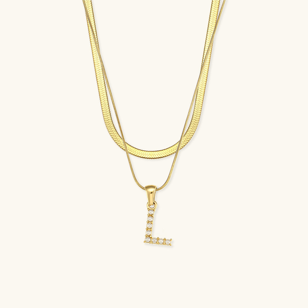 Layered Initial Letter Necklace | 18k Gold with Freshwater Pearls 24