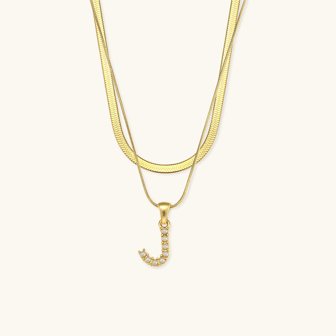 Layered Initial Letter Necklace | 18k Gold with Freshwater Pearls 25