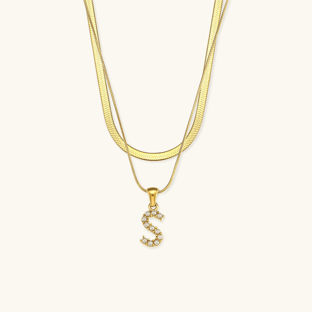 Layered Initial Letter Necklace | 18k Gold with Freshwater Pearls 26